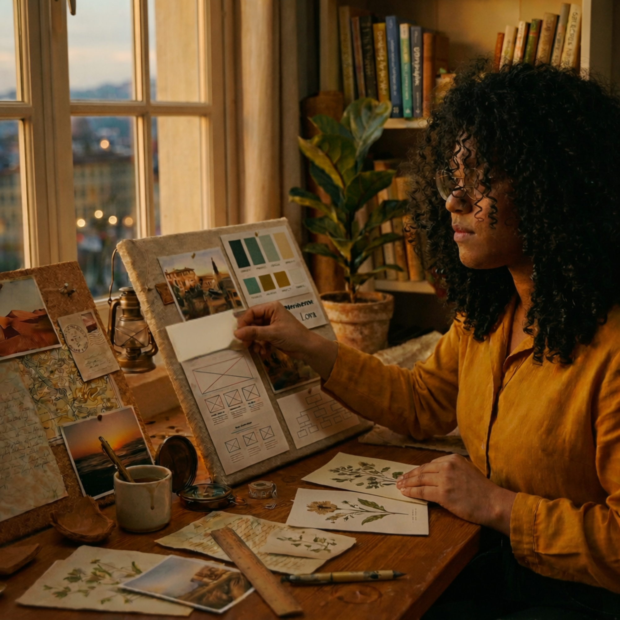 Vrouw met krullend haar werkt in warm avondlicht aan een moodboard met foto's, kleurenkaarten en ontwerpen.
