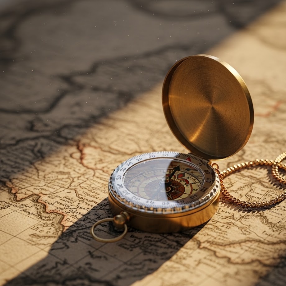 Gouden kompas op een oude handgeschreven landkaart in warm zonlicht.