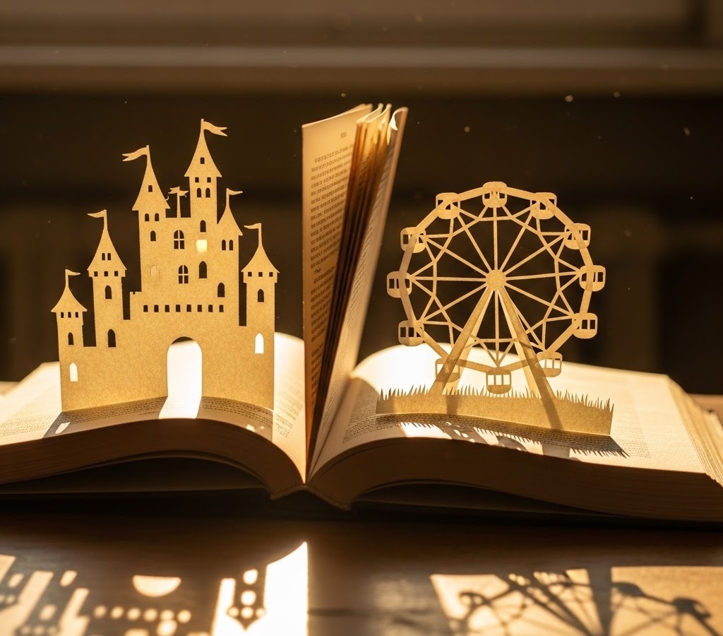 Opengeslagen boek met papieren pop-up kasteel en reuzenrad in gouden zonlicht.