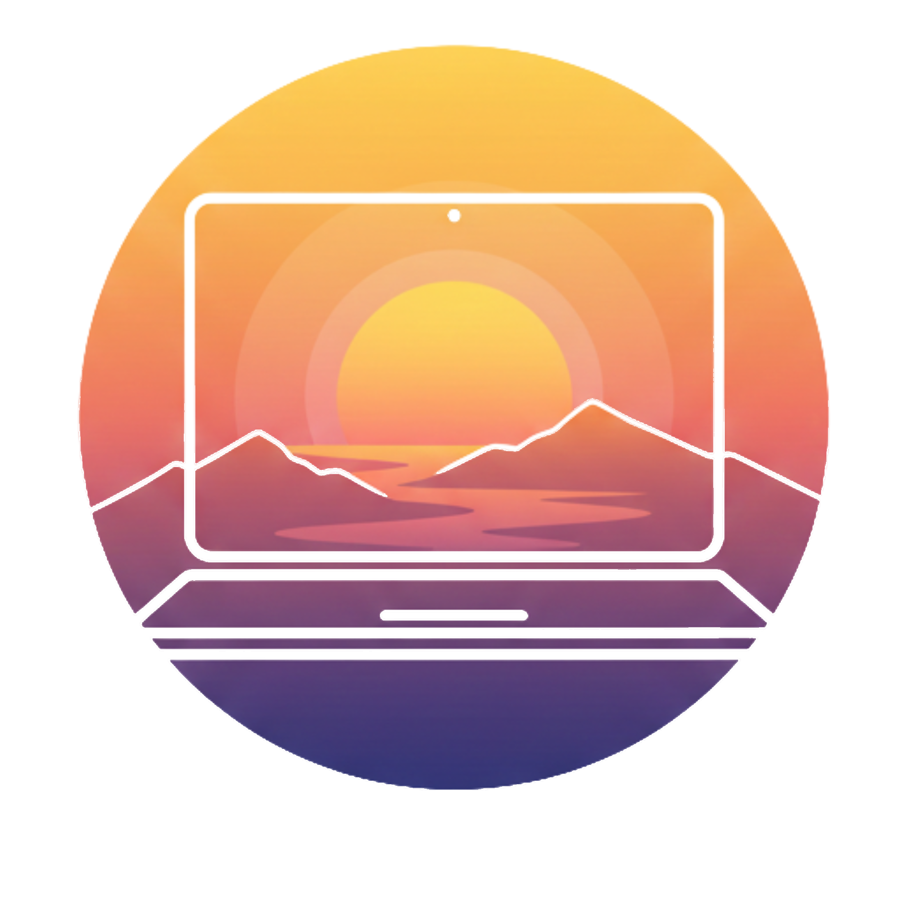 Illustratie van een laptop met zonsondergang in berglandschap, logo van Sells Sundown Stories.