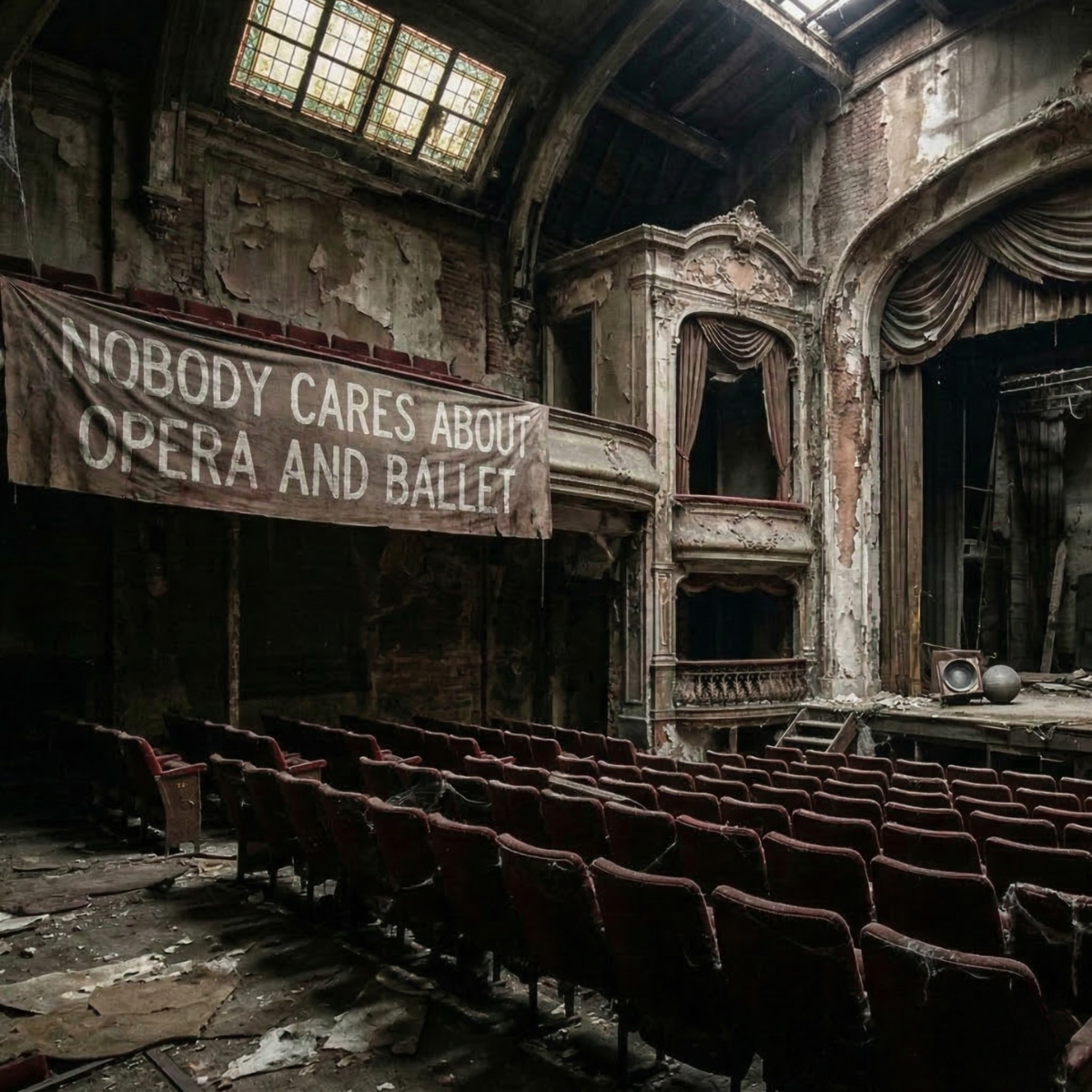 Verlaten theaterzaal met spandoek met de tekst 'Nobody cares about opera and ballet'.